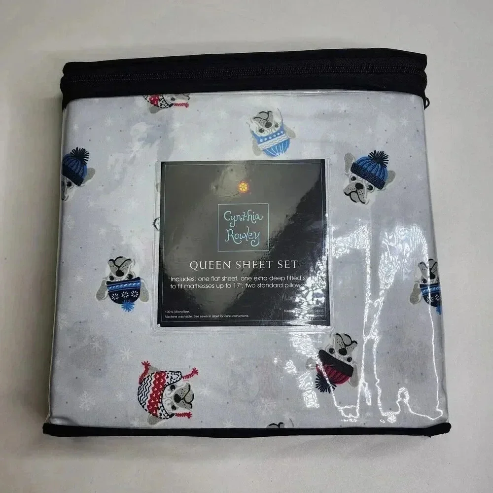 Cynthia Rowley Queen Sheet‎ Set with Two Pillowcases Dogs Hats Winter Snow New